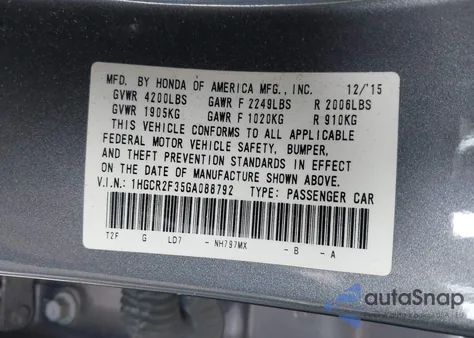 2016 Honda Accord Lx z USA, uszkodzony, nr VIN 1HGCR2F35GA088792